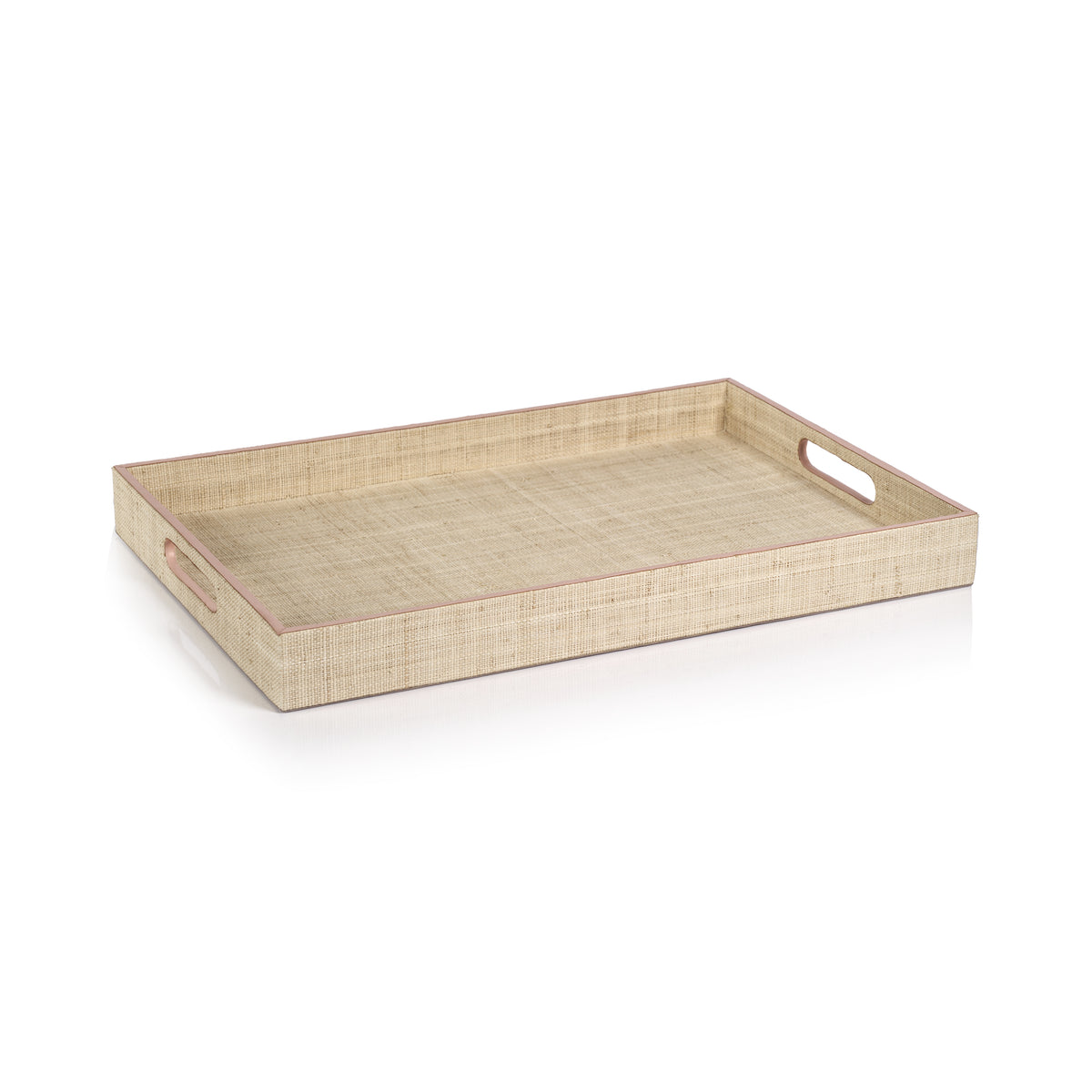 Zodax Reggio Natural Fiber Raffia Tray with Leather Trim, Large, Pink Leather Trim