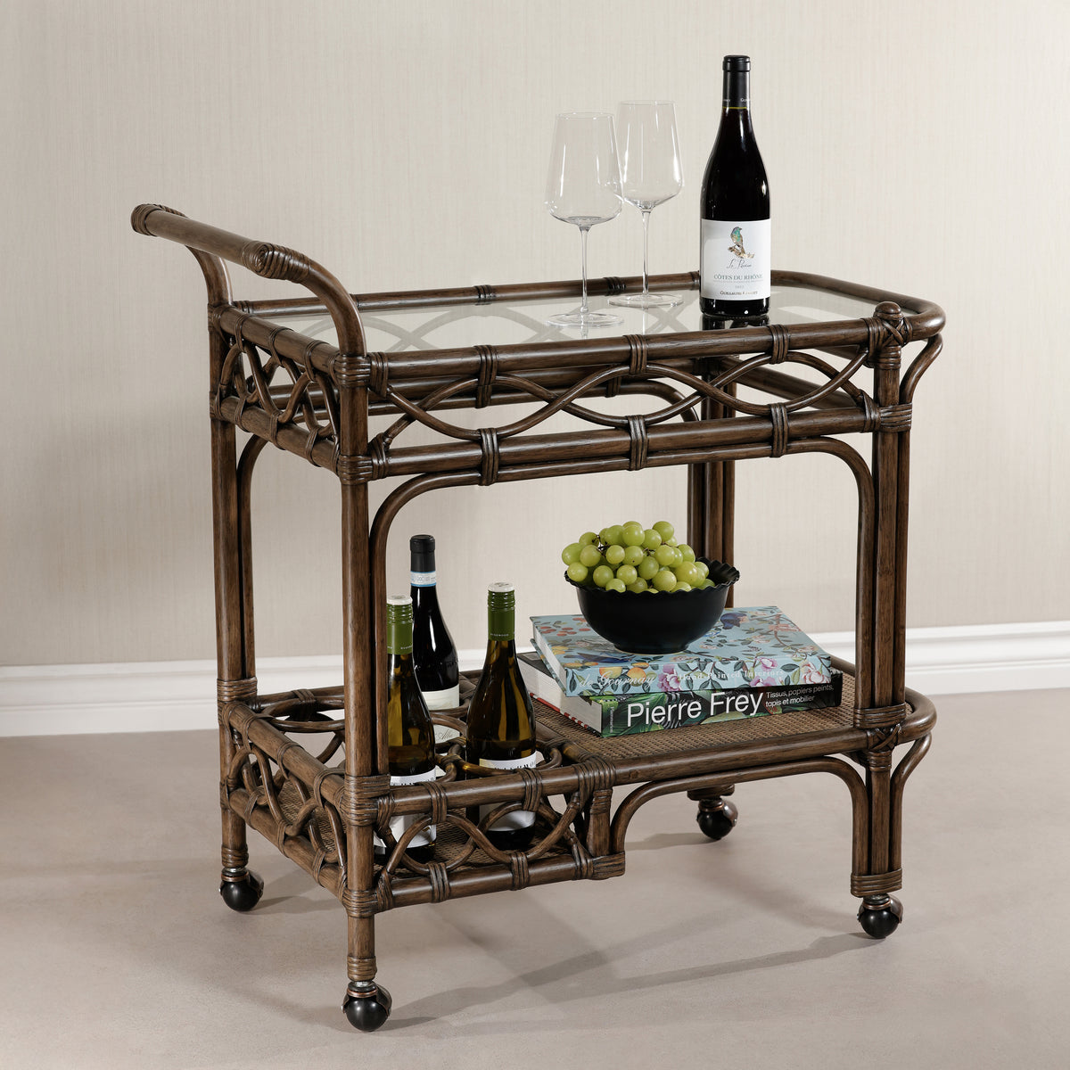 Zodax Woven Rattan Rolling Bar Cart