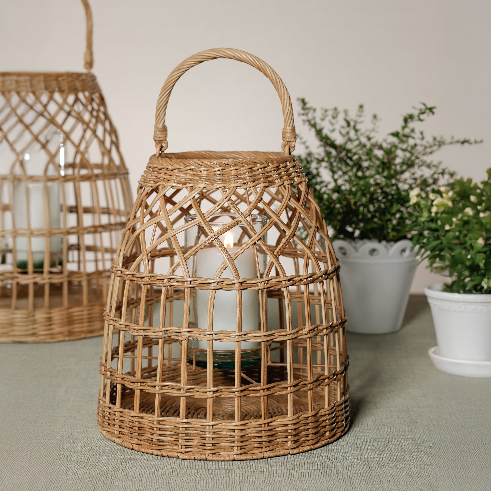 Zodax Veranda Woven Rattan Lantern with Glass Hurricane, Small