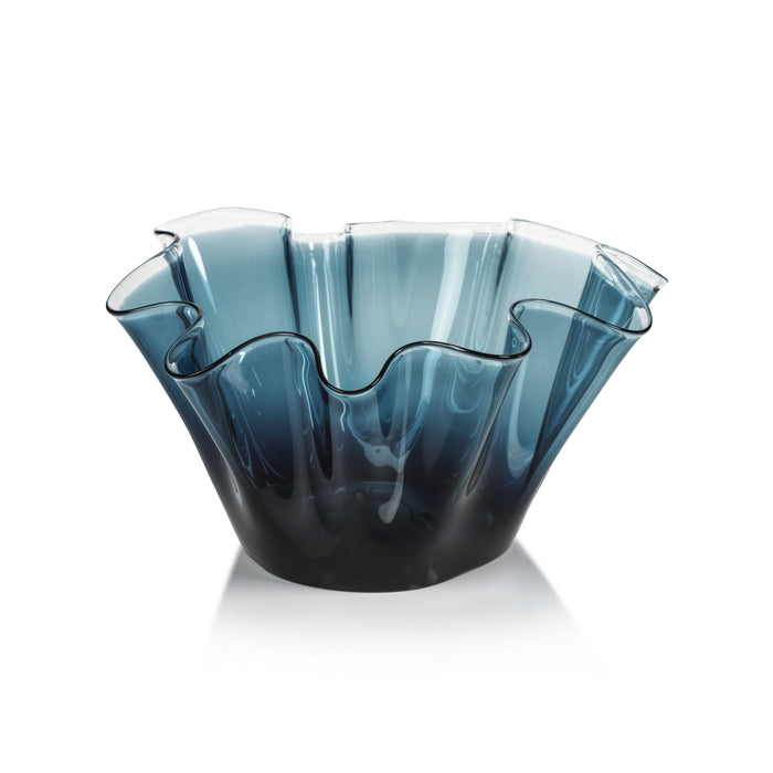 Blue-to-black glass bowl with wavy ruffled rim, tall scalloped edges, smooth glossy finish.