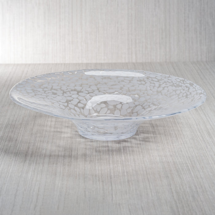 Zodax Orani Confetti Centerpiece Bowl, clear glass with white speckled pattern, shallow dish on a short pedestal, neutral