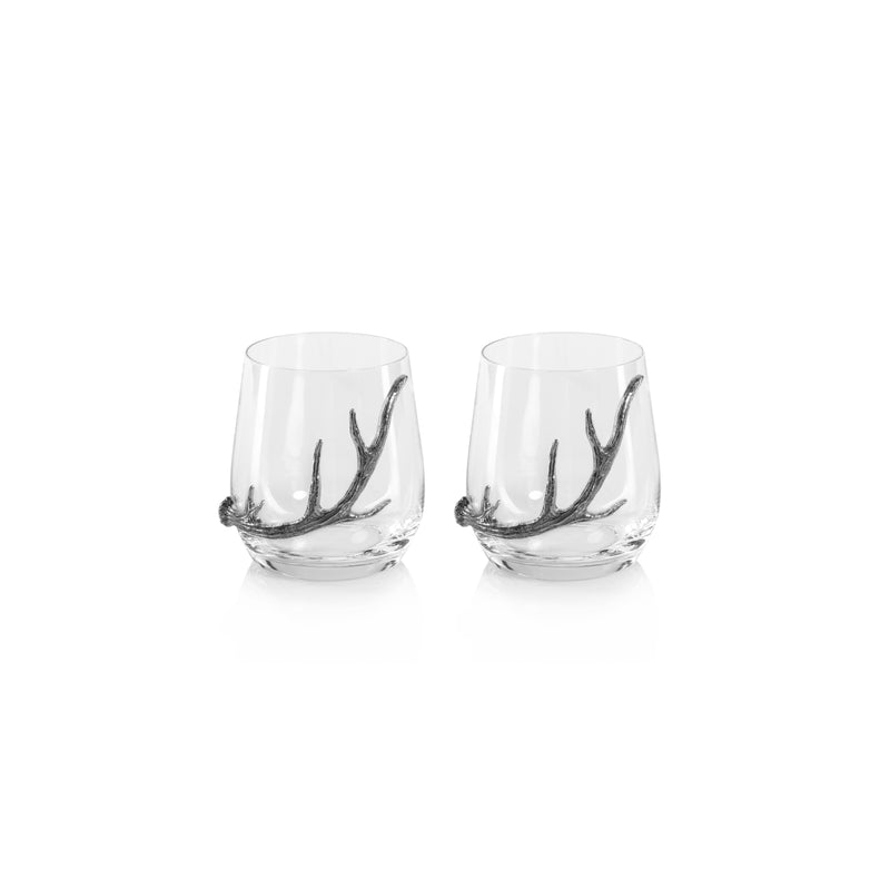 Zodax Malachi Stemless Glasses with Pewter Antler, Set of 2