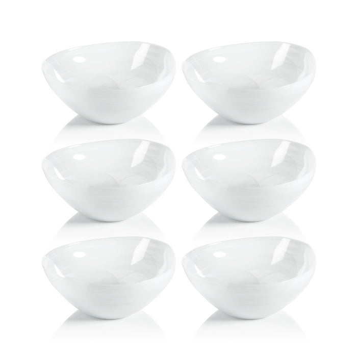 A set of six white alabaster glass bowls arranged in two rows.