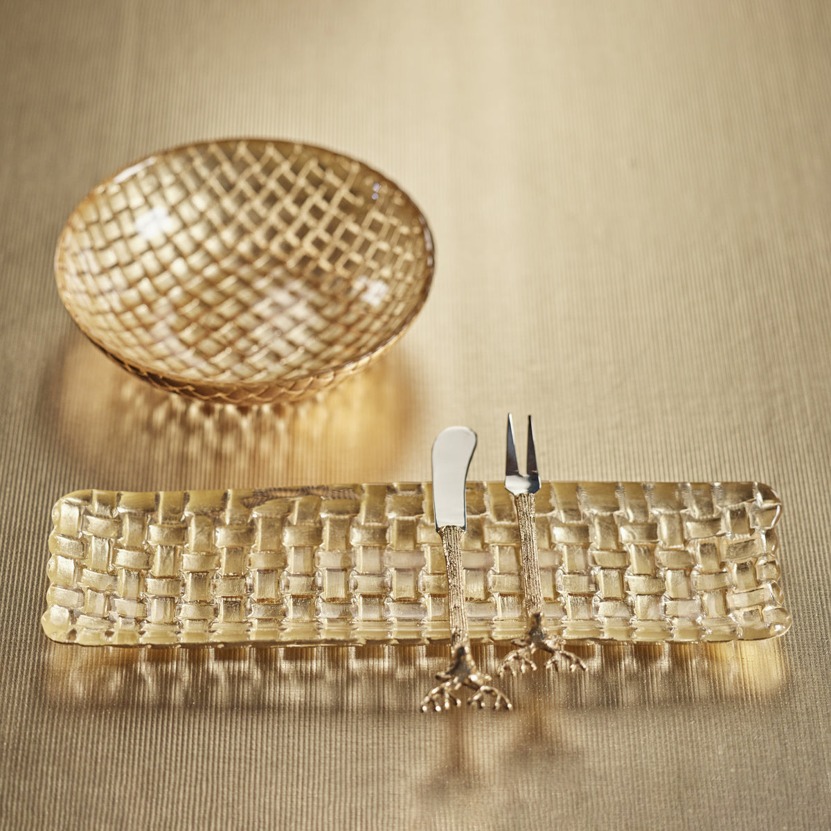 Zodax Nova 12.25" Braided Rectangular Glass Plates, Gold, Set of 6