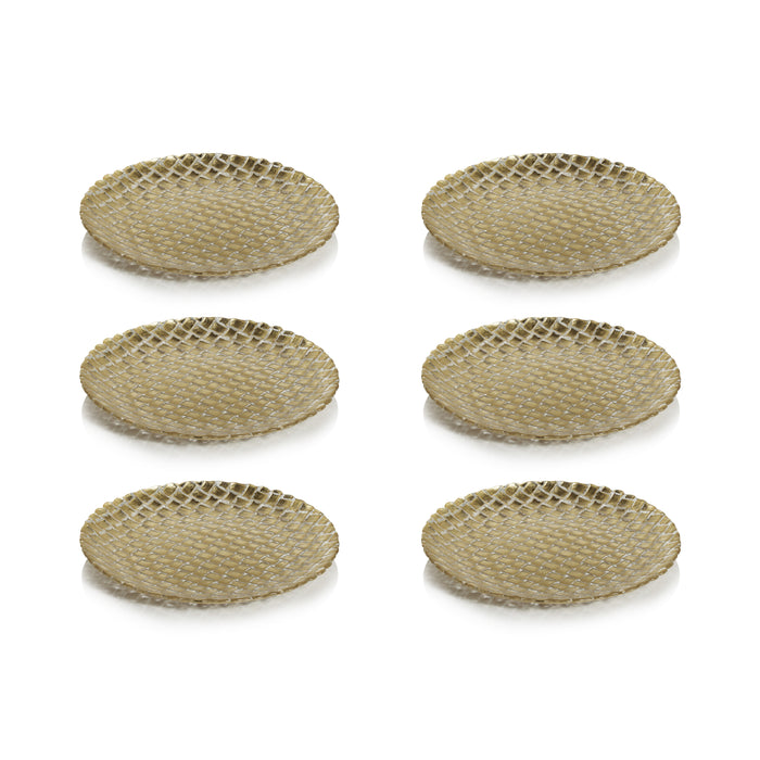 Set of six round woven plates on a white background