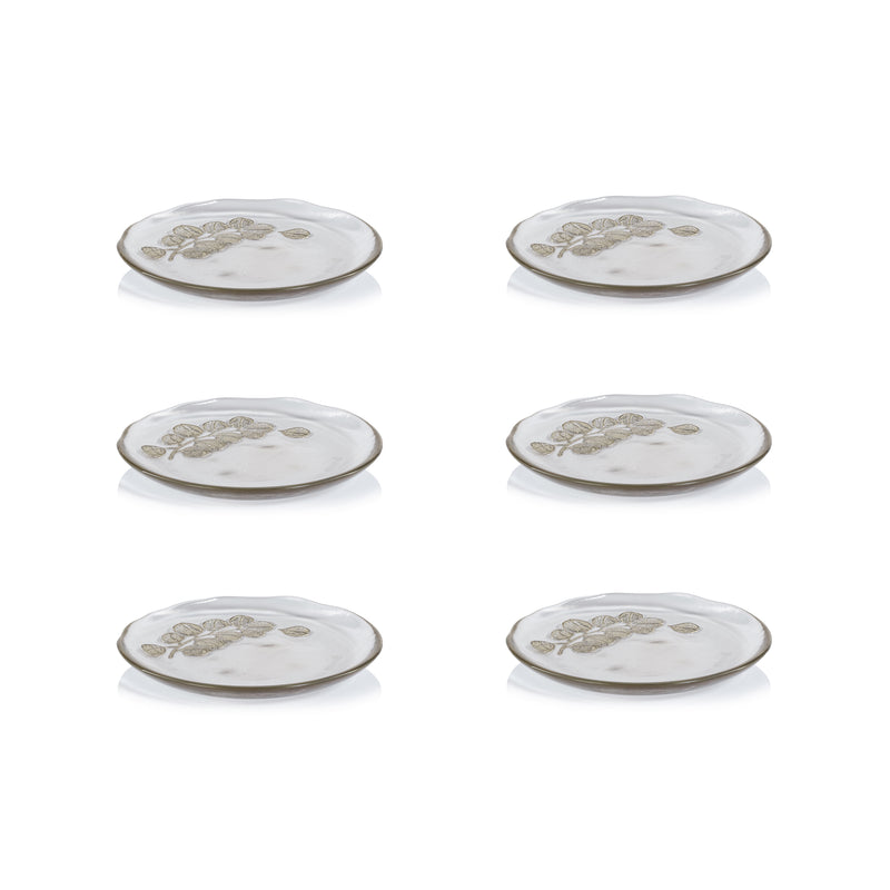 Zodax Jarrah Eucalyptus Design Glass Dessert Plates, Set of 6