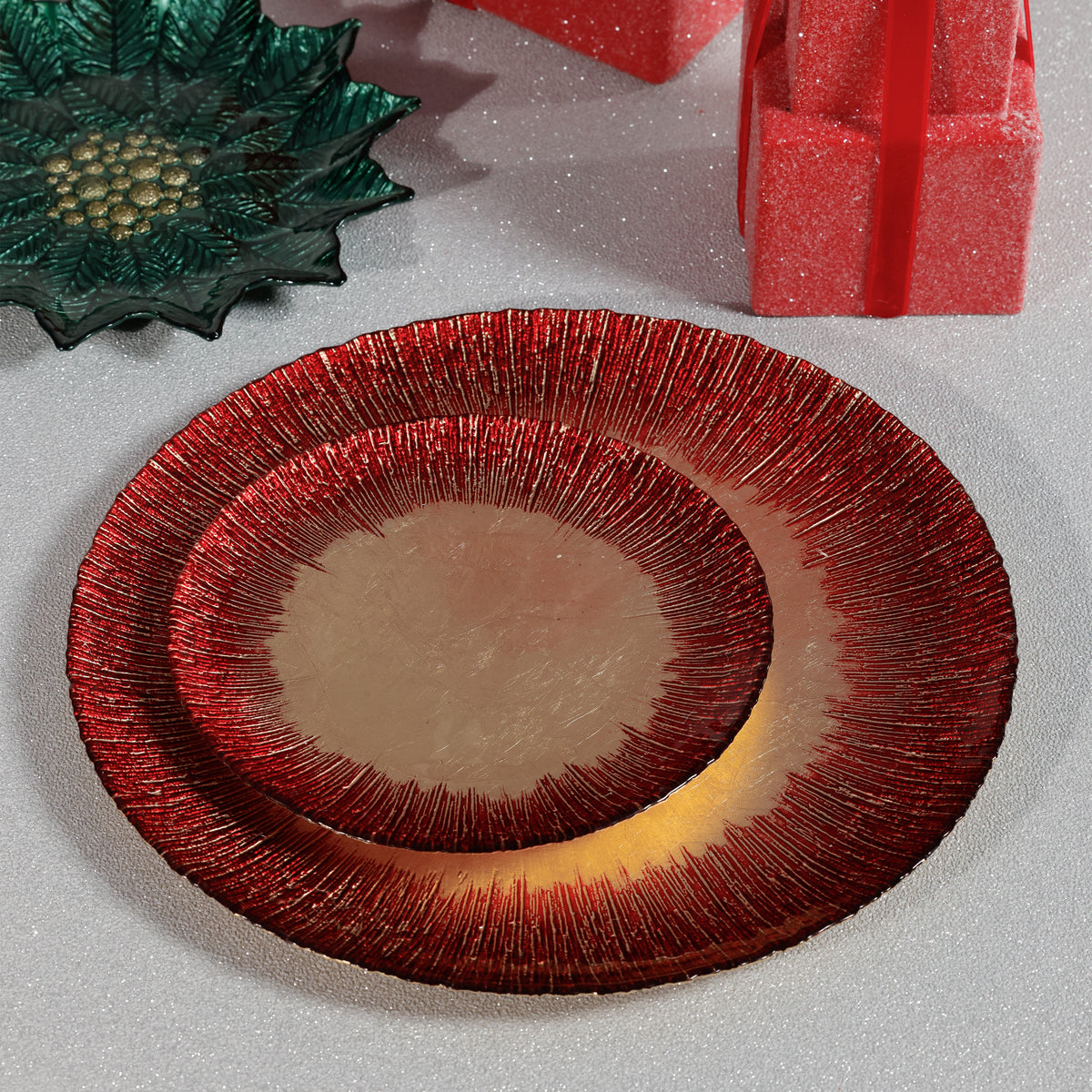 Zodax Celestial Rim Glass Dessert Plates, Set of 6, Gold & Red