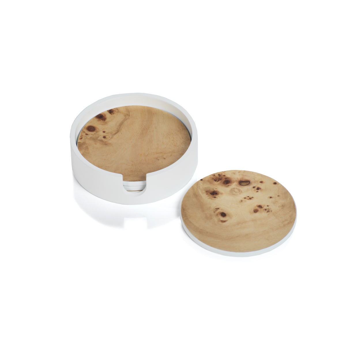 Zodax 4-Piece Burl Wood White Coaster Set with Holder, Round