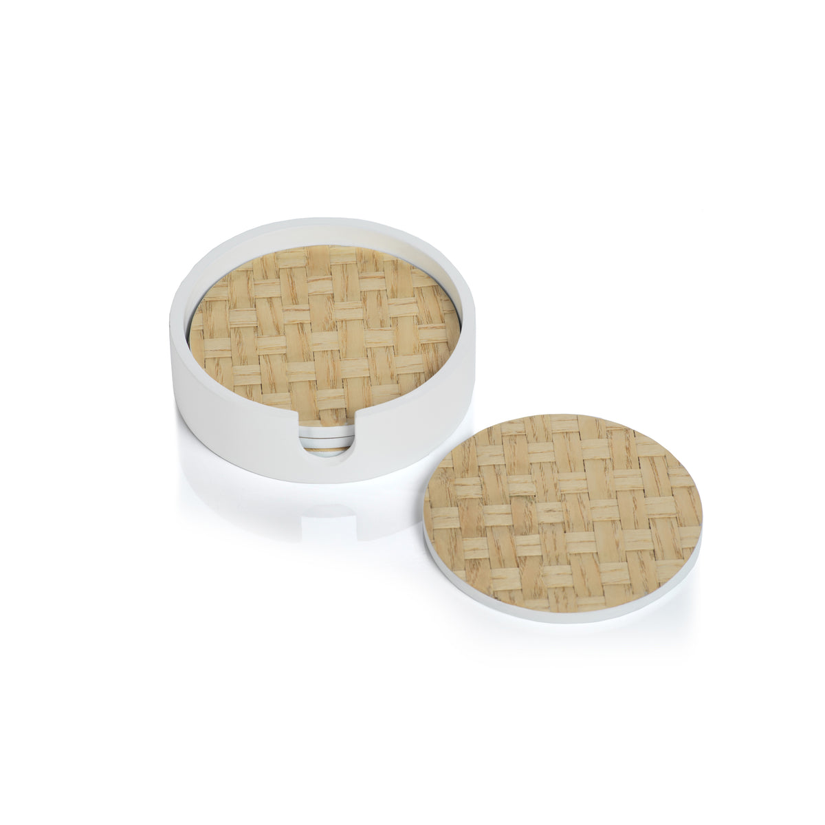 Zodax 4-Piece Woven Ash White Coaster Set with Holder, Round