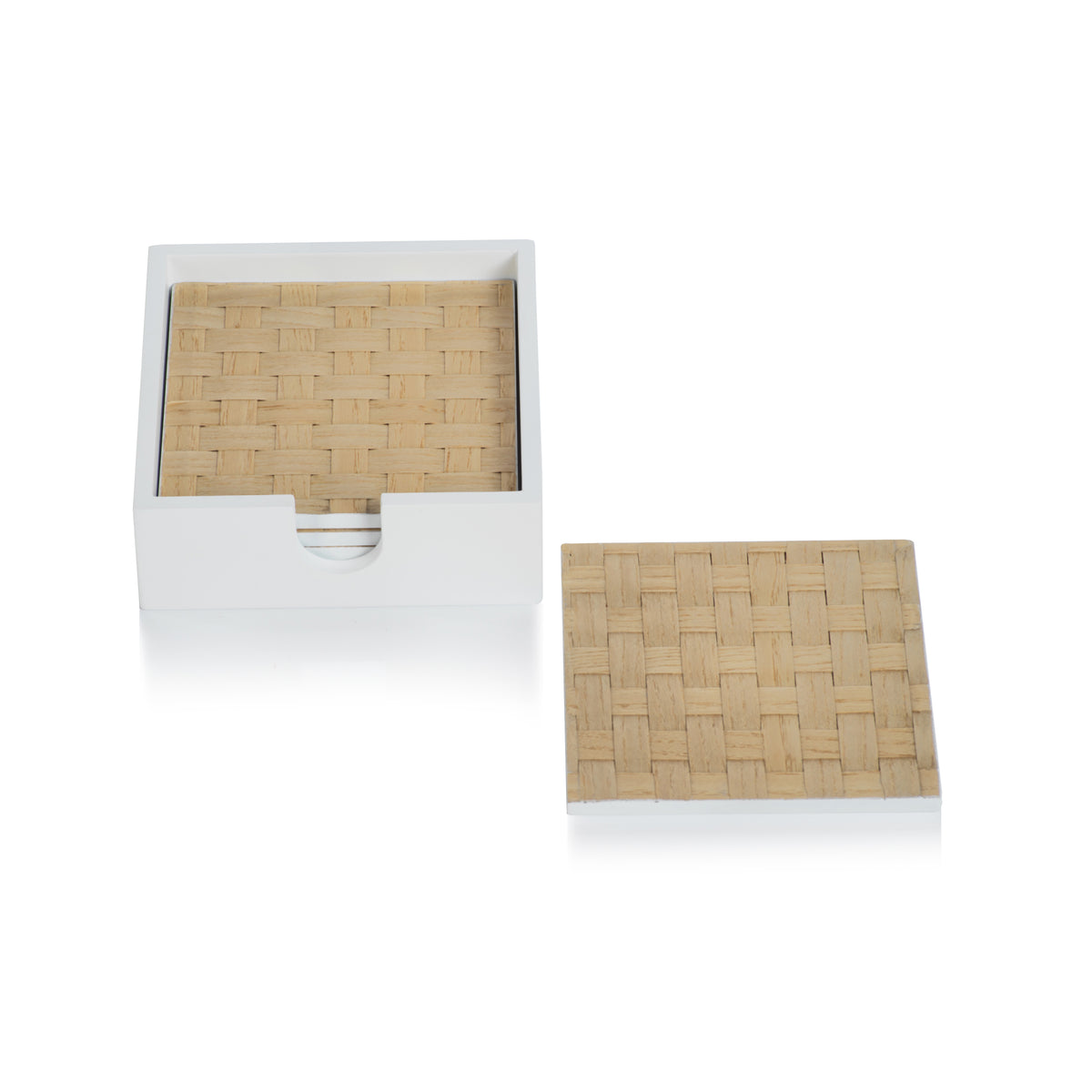 Zodax 4-Piece Woven Ash White Coaster Set with Holder, Square