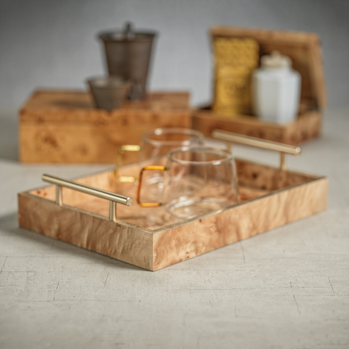 Zodax Dubbo Burl Wood Rectangular Tray with Gold Handles, 13" x 9.5"