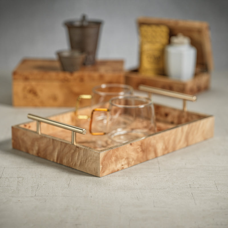 Zodax Dubbo Burl Wood Rectangular Tray with Gold Handles, 13" x 9.5"