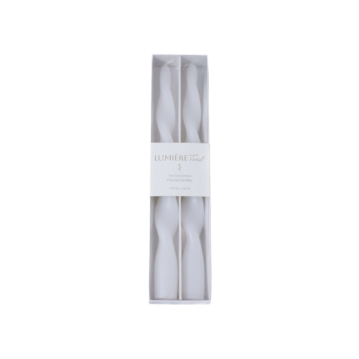Zodax Lumière Twist Formal Taper Candles, Set of 12 – Holiday Table Décor, White, 10"