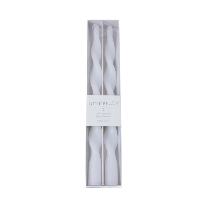 Zodax Lumière Twist Formal Taper Candles, Set of 12 – Holiday Table Décor, White, 12"