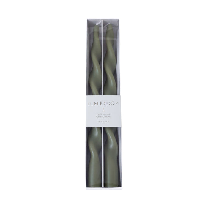 Zodax Lumière Twist Formal Taper Candles, Set of 12 – Holiday Table Décor, Dried Sage, 12"