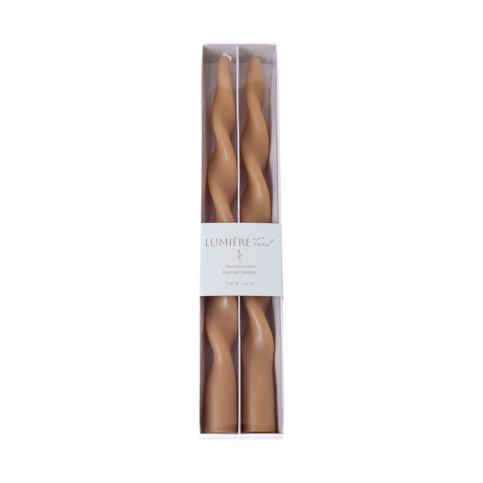 Zodax Lumière Twist Formal Taper Candles, Set of 12 – Holiday Table Décor, Desert Beige, 12"