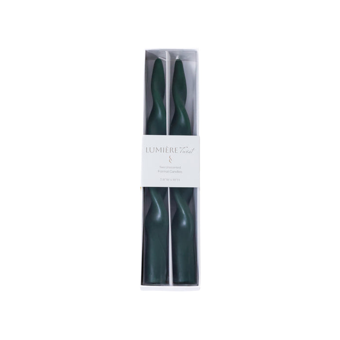 Zodax Lumière Twist Formal Taper Candles, Set of 12 – Holiday Table Décor, Alpine Green, 10"