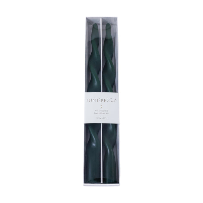 Zodax Lumière Twist Formal Taper Candles, Set of 12 – Holiday Table Décor, Alpine Green, 12"