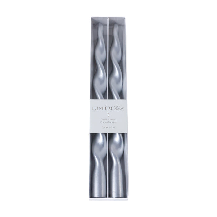 Zodax Lumière Twist Formal Taper Candles, Set of 12 – Holiday Table Décor, Silver, 12"