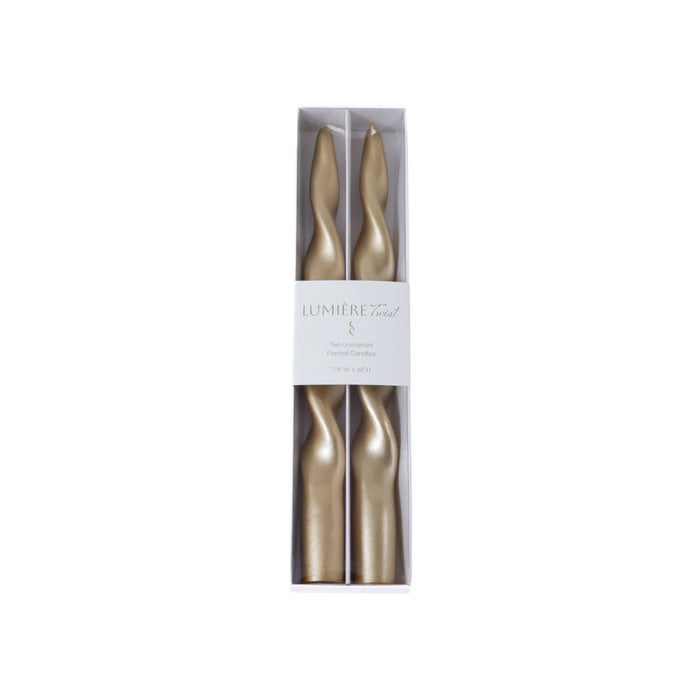 Zodax Lumière Twist Formal Taper Candles, Set of 12 – Holiday Table Décor, Gold, 10"