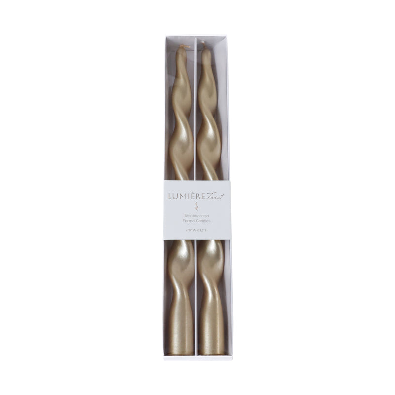 Zodax Lumière Twist Formal Taper Candles, Set of 12 – Holiday Table Décor, Gold, 12"