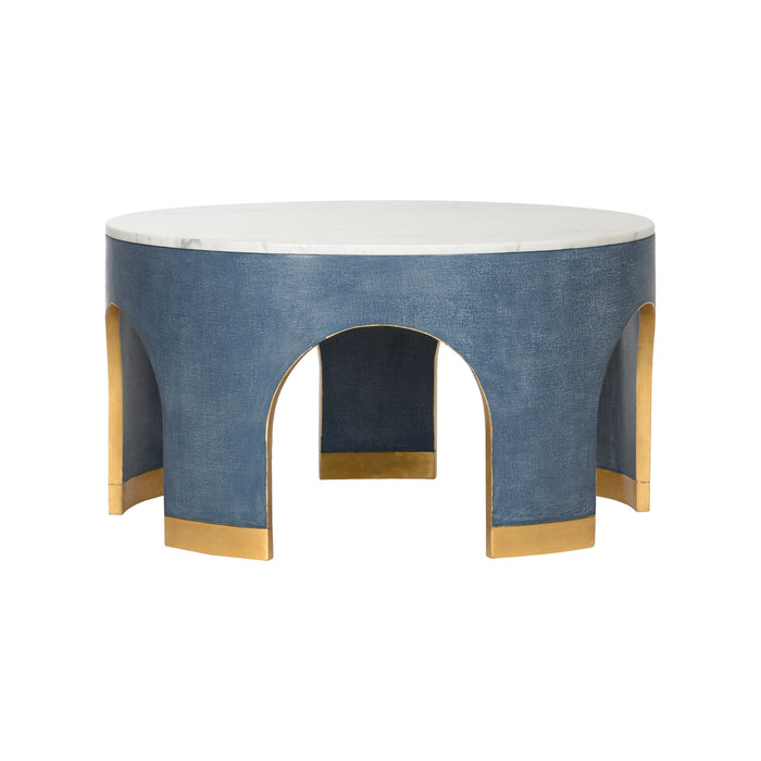 Elegant oval table with blue fabric surface and gold accents on a white background