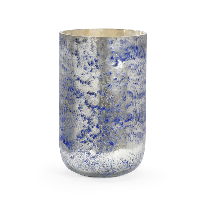 Decorative glass vase with blue and silver speckled pattern on a white background