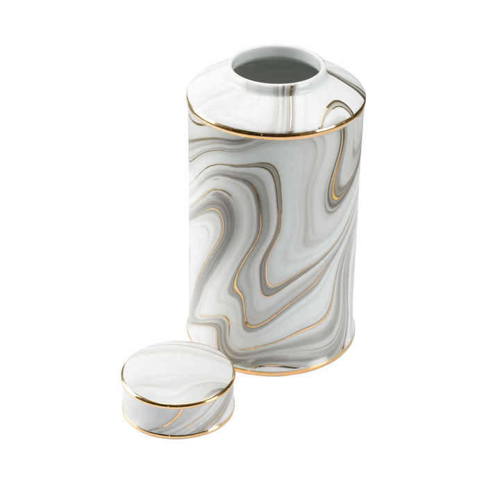 Marble-patterned container with gold accents on a white background