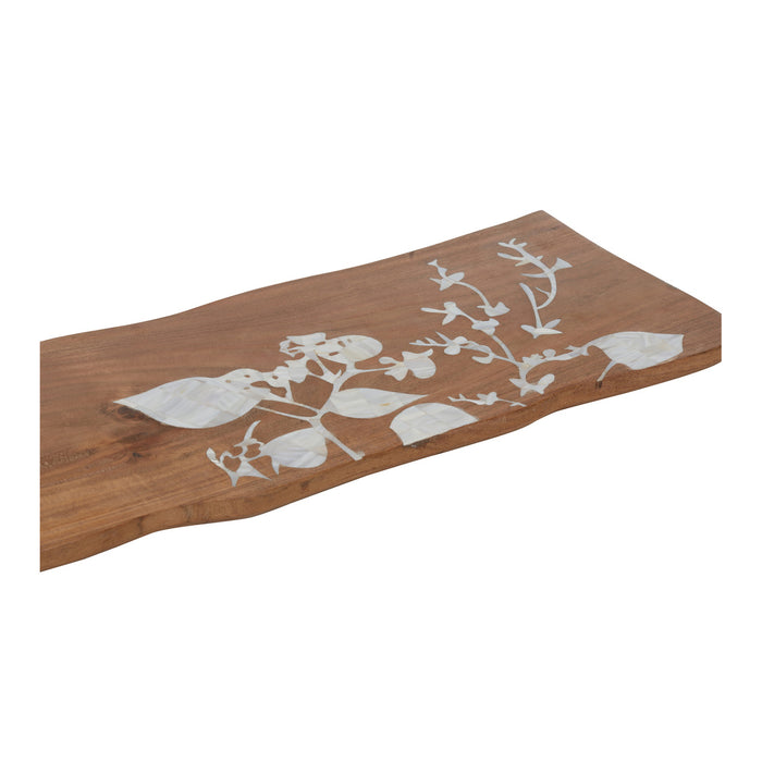 Wooden tray with white floral design on a white background