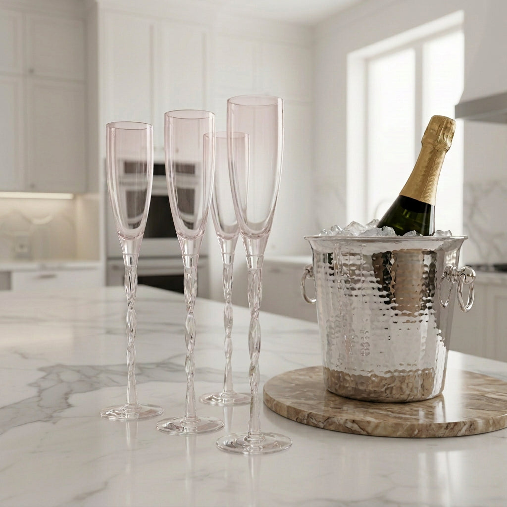 Set of four clear champagne flutes on a marble countertop in a modern kitchen.