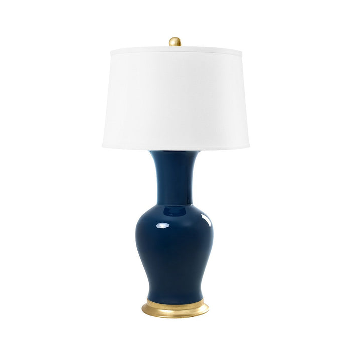 Villa & House Acacia Lamp with Shade 17-inch White Linen, with Gold, Navy Blue