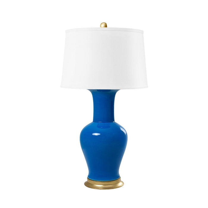 Villa & House Acacia Lamp with Shade 17-inch White Linen, with Gold, Peacock Blue
