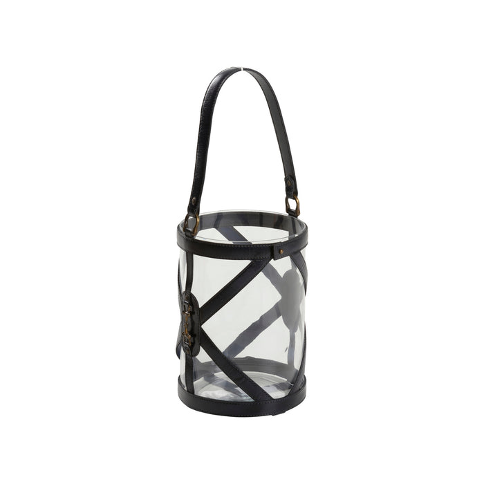 Clear bucket bag with black straps on a white background