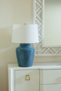 Villa & House Aksel Lamp with Shade 17-inch White Linen, with Gold, Cruise Teal