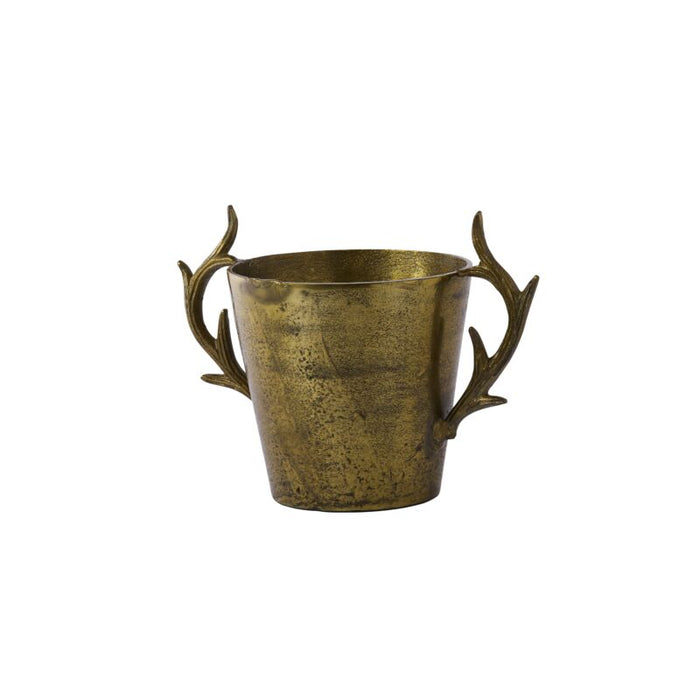 Bronze cup with antler handles on a white background