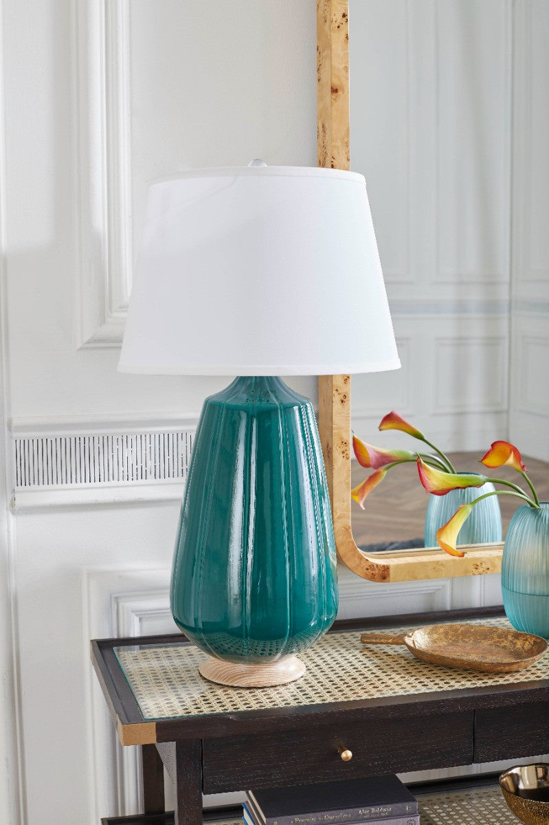 Villa & House Aurora Lamp with Shade 17-inch White Linen, with Nickel, Emerald Green