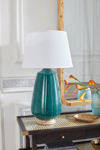 Villa & House Aurora Lamp with Shade 17-inch White Linen, with Nickel, Emerald Green