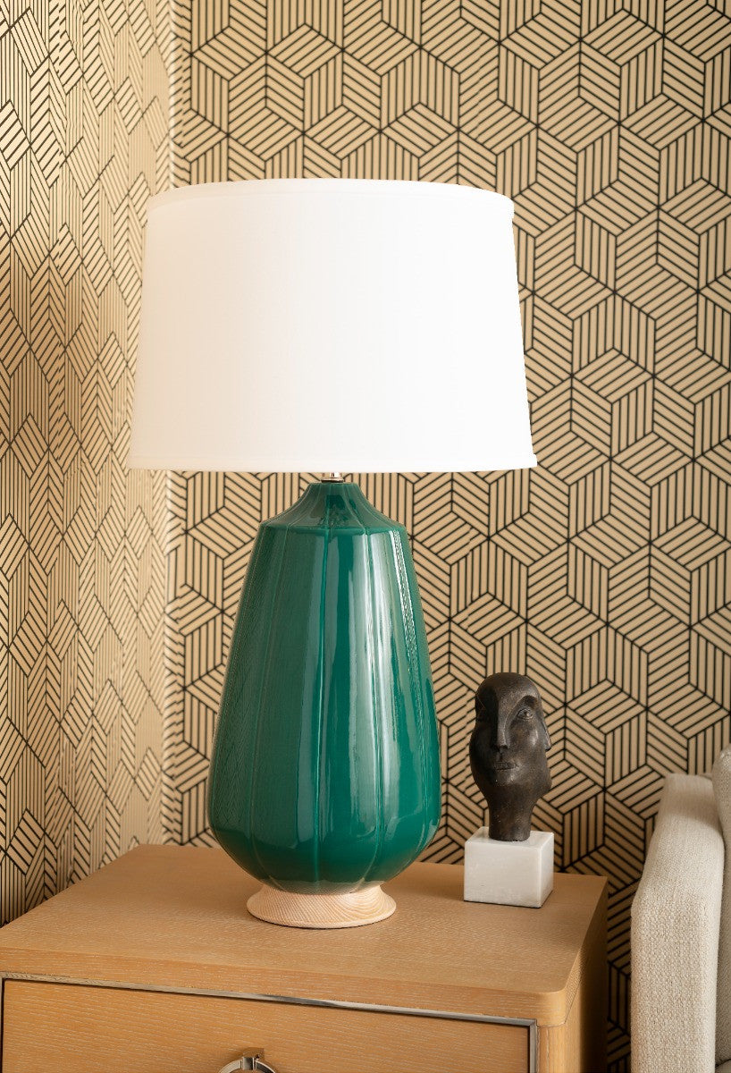 Villa & House Aurora Lamp with Shade 17-inch White Linen, with Nickel, Emerald Green