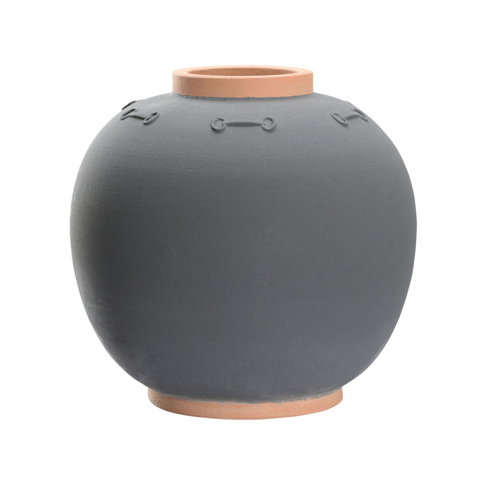Gray ceramic vase with terracotta accents on a white background