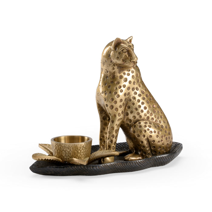 Brass cheetah figurine with a bowl on a white background