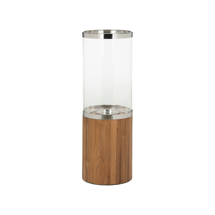 Tall cylindrical object with glass top and wooden base on a white background