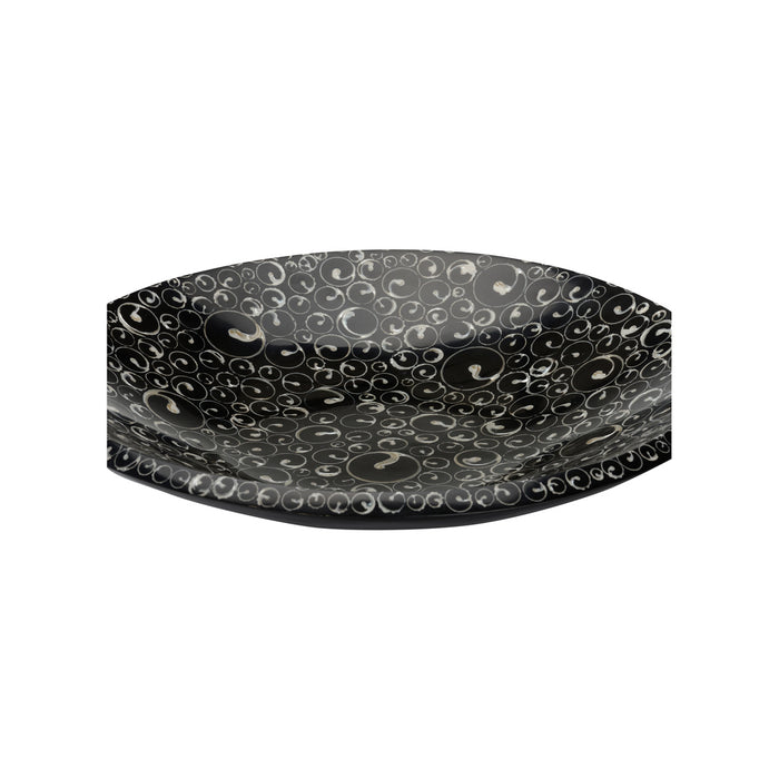 Black decorative tray with white patterns on a white background