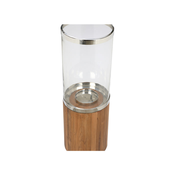 Tall glass candle holder with wooden base on a white background