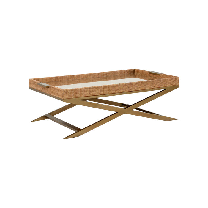 Rectangular tray with wicker-like handle and metal base on a white background