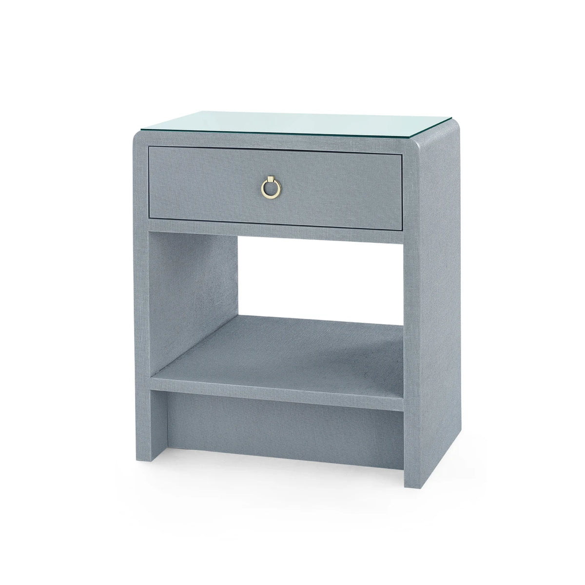 Villa & House Benjamin Linen 1-Drawer Side Table with Glass Top, Winter Gray