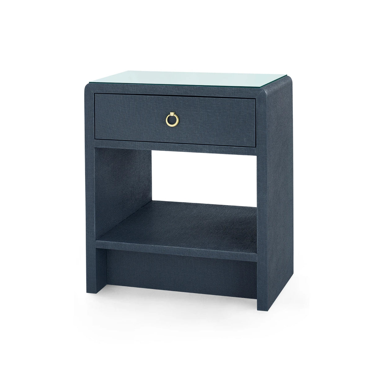 Villa & House Benjamin Linen 1-Drawer Side Table with Glass Top, Blue Steel