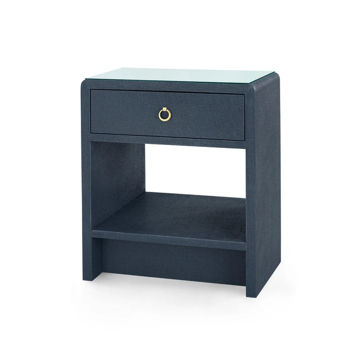 Villa & House Benjamin Linen 1-Drawer Side Table with Glass Top, Blue Steel
