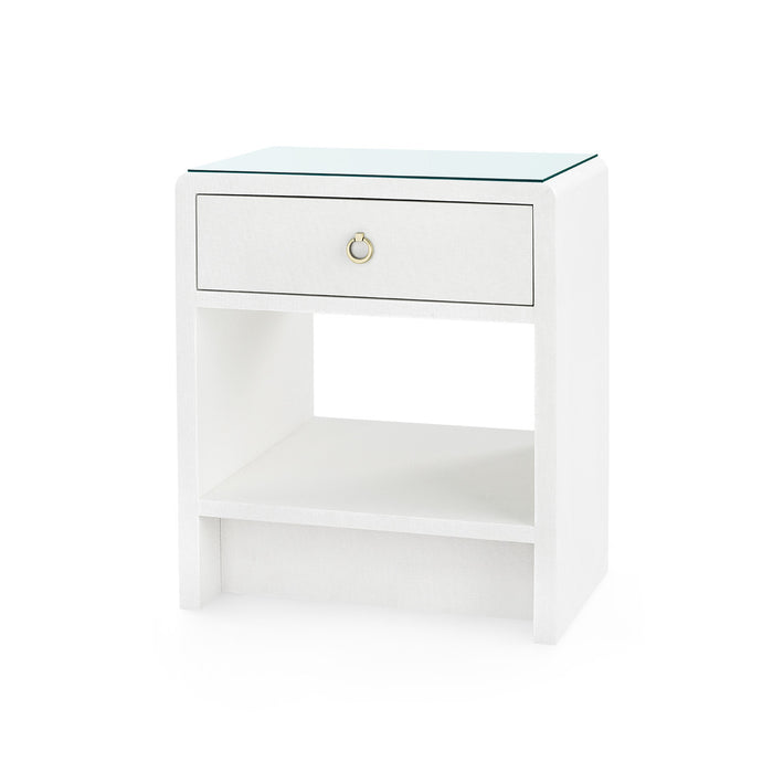 Villa & House Benjamin Linen 1-Drawer Side Table with Glass Top, Chiffon White
