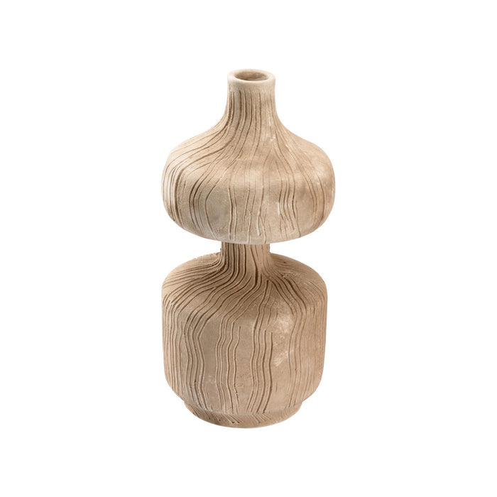 Beige ceramic vase with textured design on a white background
