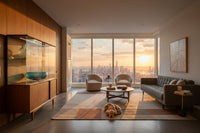 Blue Murano glass bowl in a mid-century modern glass china cabinet that also is holding glassware, the scene setting is a living room in a condo with a sleeping dog on the mid-century modern rug, with a view of NYC at sunset from the window.